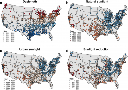 Annual Sunlight Maps for 1,353 U.S. Cities in 2020: a) Day Length: Sunlight duration from sunrise to sunset. b) Natural Sunlight: Actual sunlight owing to cloud cover. c) Urban Sunlight: Sunlight over built-up areas. d) Sunlight Reduction in Built-Up Areas: Difference between natural and urban sunlight due to 3D urban structures.
 